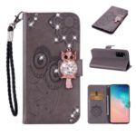 Rhinestone Decoration Imprint Owl Leather Shell Wallet Stand Phone Cover for Samsung Galaxy S20 – Brown
