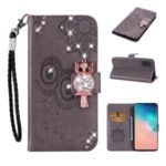 Rhinestone Decoration Imprint Owl Leather Cover Wallet Stand Phone Shell for Samsung Galaxy A71 – Brown