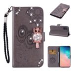 Rhinestone Decor Imprint Owl Leather Case Wallet Stand Phone Cover for Samsung Galaxy A51 – Brown
