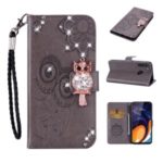 Imprint Flower Owl Rhinestone Decor Leather Wallet Stand Case for Samsung Galaxy A21 – Grey