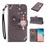 Rhinestone Decoration Imprint Owl Leather Wallet Stand Phone Cover Shell for Samsung Galaxy S20 Ultra – Brown