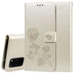 Imprint Rose Flower Magnetic Leather Wallet Mobile Shell for Samsung Galaxy S20 Plus – Gold