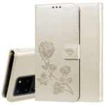 Imprint Rose Flower Leather Flip Case with Wallet for Samsung Galaxy S20 Ultra – Gold