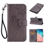 Imprint Owl Flower Pattern Leather Wallet Stand Phone Cover Shell for Samsung Galaxy S20 – Grey