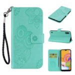Imprint Owl Flower Skin Leather Wallet Phone Cover for Samsung Galaxy A01 – Cyan