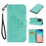 Imprint Owl Flower Pattern Leather Wallet Stand Phone Cover Shell for Samsung Galaxy S20 Ultra – Cyan