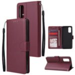 PU Leather Wallet Cell Phone Case with Lanyard Shell for Samsung Galaxy S20 – Wine Red