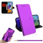Mirror-like Surface Flip Leather Wallet Stand Protective Case for Samsung Galaxy A21 – Purple