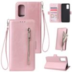 Magnetic Absorbed Zipper Leather Purse Shell for Samsung Galaxy S20 – Rose Gold
