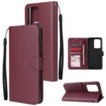 PU Leather Wallet Cell Phone Case with Lanyard for Samsung Galaxy S20 Ultra – Wine Red