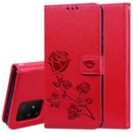 Imprint Rose Flower Leather Wallet Phone Case for Samsung Galaxy A91/S10 Lite – Red