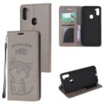 Imprint Cat and Fishbone Pattern Leather Wallet Case for Samsung Galaxy A11 – Grey