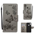 Imprint Butterfly Flower Leather Covering Wallet Phone Case for Samsung Galaxy A11 – Grey