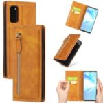 Zipper Pocket Wallet Leather Phone Cover Casing for Samsung Galaxy S20 – Brown
