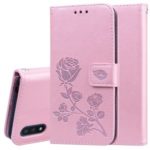 Imprinted Rose Flower Pattern Leather Wallet Stand Case for Samsung Galaxy A01 – Pink