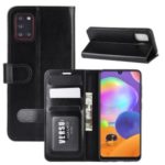 Crazy Horse Skin PU Leather Phone Case with Wallet Stand Shell for Samsung Galaxy A31 – Black