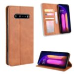Auto-absorbed Retro Leather Wallet Phone Cover for LG V60 ThinQ 5G – Brown