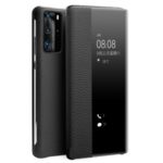 QIALINO Litchi Skin Genuine Leather Phone Shell with View Window Case for Huawei P40 Pro – Black