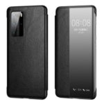 View Window Cowhide Leather Smart Shell Auto wake & sleep Case for Huawei P40 Pro – Black