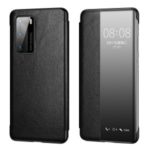 View Window Cowhide Leather Smart Shell Auto wake & sleep Cover for Huawei P40 – Black