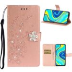 Imprint Plum Blossom Rhinestone Leather Stand Case with Card Slots for Xiaomi Redmi Note 9 Pro – Rose Gold
