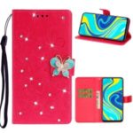 Imprint Flower Butterfly Rhinestone Leather Wallet Case for Xiaomi Redmi Note 9 Pro – Rose