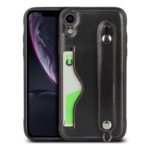 Genuine Leather Coated TPU Cover with Handy Strap Card Holder Lanyard for iPhone XR 6.1 inch – Black