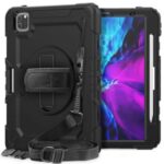 [Built-in Hand Holder Strap] 360° Swivel Kickstand PC + Silicone Tablet Combo Shell with Shoulder Strap for iPad Pro 11-inch (2020)/(2018) – All Black