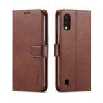 LC.IMEEKE Leather Stylish Wallet Stand Case for Samsung Galaxy A01 – Dark Brown