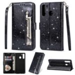 Glitter Powder Zipper Pocket Stand Leather Wallet Case with Strap for Samsung Galaxy A21 – Black