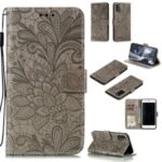 Imprinted Lace Flower Skin Leather with Wallet Stand Case for Samsung Galaxy A41 (Global Version) – Brown