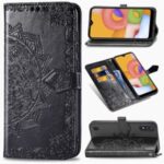 Embossed Mandala Flower Leather Wallet Stand Case for Samsung Galaxy A01 – Black
