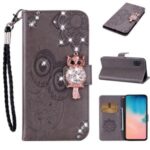 Owl Imprint Rhinestone Decor Leather Phone Cover for Samsung Galaxy A31 – Brown
