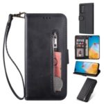 Zipper Pocket Wallet Stand Flip Leather Phone Shell with Strap for Huawei P40 Pro – Black