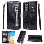 Glitter Powder Zippered Stand Leather Wallet Case with Strap for Huawei P40 – Black