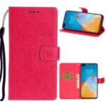 Imprint Flower Butterfly Pattern Leather Stand Wallet Phone Case for Huawei P40 – Red