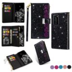 Glittery Starry Style Laser Carving Zipper Wallet Stand Leather Phone Cover for Huawei P40 Pro – Black