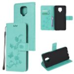 Imprint Butterfly Flowers Leather Wallet Phone Case for Xiaomi Redmi Note 9 Pro – Cyan