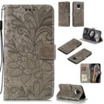Imprinted Lace Flower Skin Leather Wallet Cover for Xiaomi Redmi Note 9S/Redmi Note 9 Pro/Redmi Note 9 Pro Max – Grey