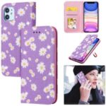 Daisy Pattern Flash Powder Cell Phone Leather Card Holder Case for iPhone 11 6.1 inch – Purple