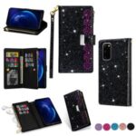 Glittery Starry Style Laser Carving Zipper Wallet Stand Leather Cover for Samsung Galaxy S20 – Black