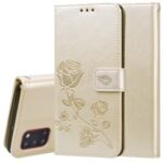 Imprint Rose Flower Leather Wallet Protective Phone Case for Samsung Galaxy A31 – Gold