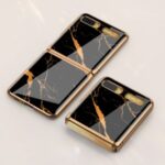 GKK Folding Painted Tempered Glass Phone Case for Samsung Galaxy Z Flip – Black/Gold Marble Pattern