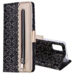 Lace Flower Pattern Zipper Pocket Wallet Leather Cover for Samsung Galaxy A51 5G SM-A516 – Black