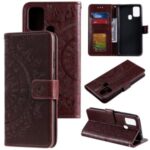 Imprint Flower Leather Wallet Cool Phone Casing for Samsung Galaxy A21s – Brown