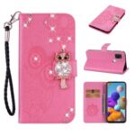 Owl Imprint Rhinestone Decor Leather Phone Cover Case for Samsung Galaxy A21s – Rose
