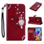 Owl Imprint Rhinestone Decor Leather Phone Cover Case for Samsung Galaxy A21s – Red