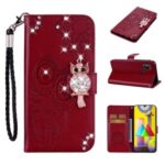 Owl Imprint Rhinestone Decor Leather Phone Stand Case for Samsung Galaxy M31 – Red