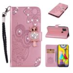 Owl Imprint Rhinestone Decor Leather Phone Stand Case for Samsung Galaxy M31 – Rose Gold