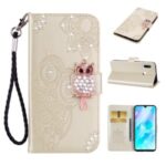 Owl Imprint Rhinestone Decor Leather Phone Cover Case for Huawei Y6p – Gold